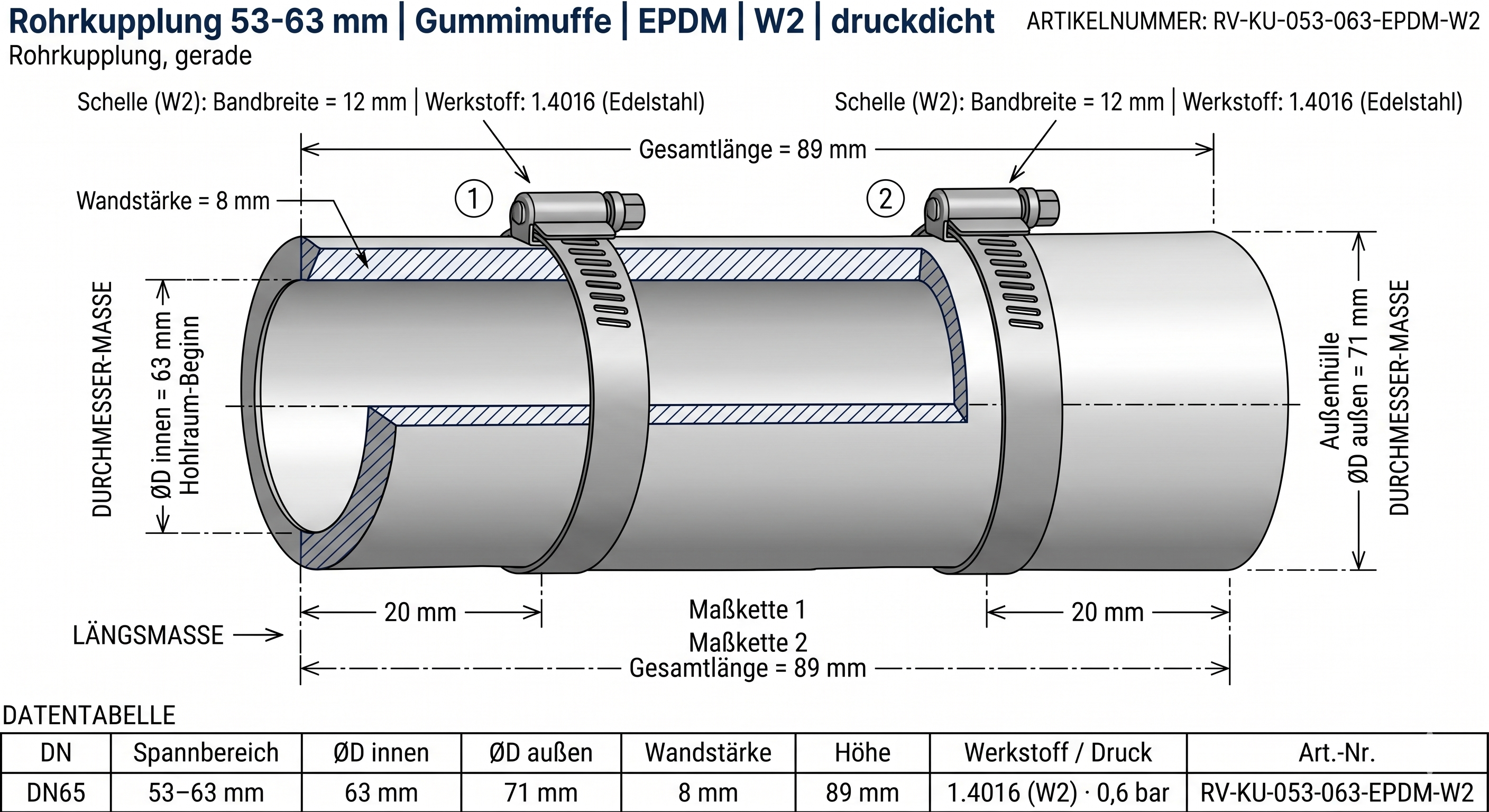 Rohrkupplung 53-63 mm | Gummimuffe | EPDM | W2