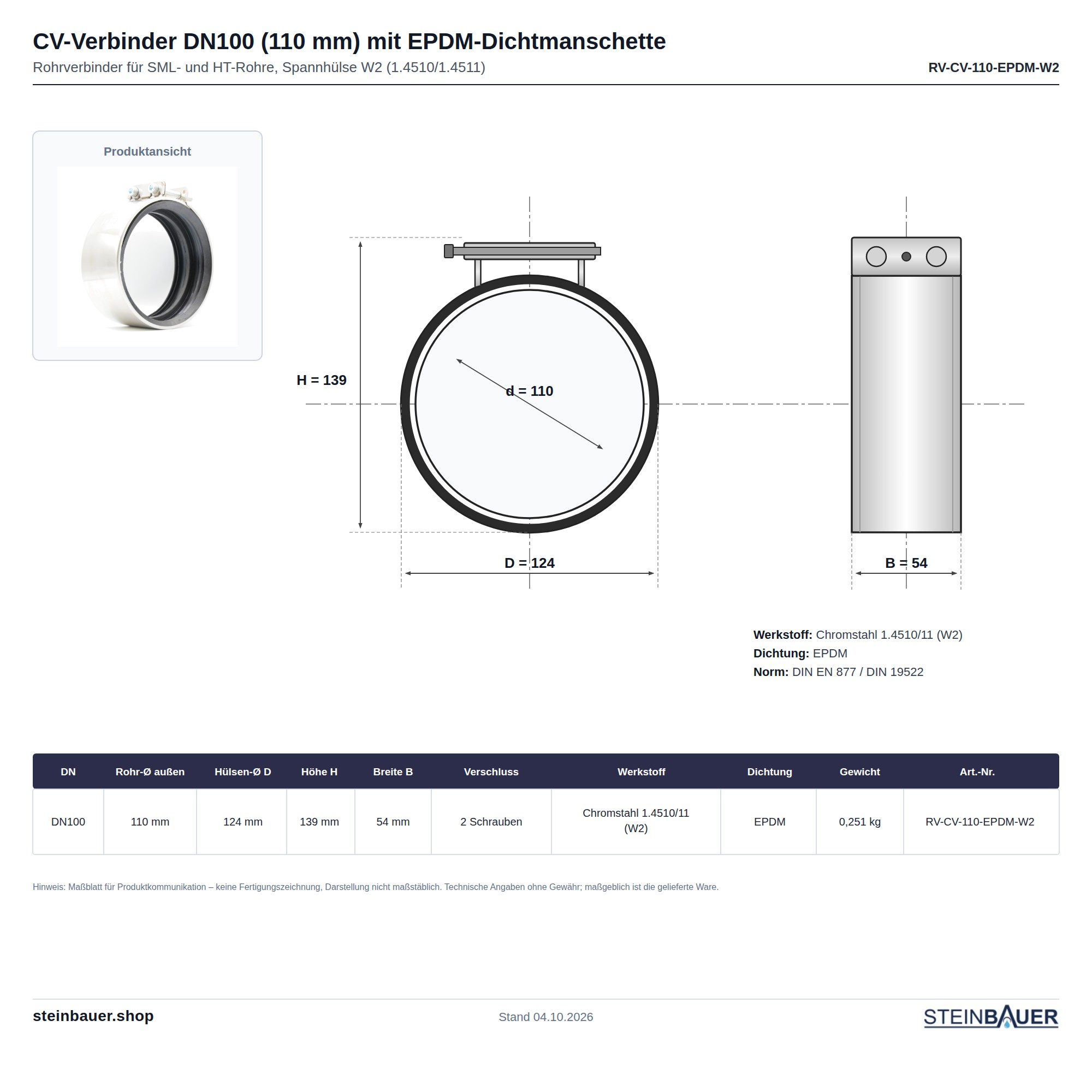 CV-Verbinder DN100 (110) | SML-/HT-Rohrverbinder | EPDM | W2