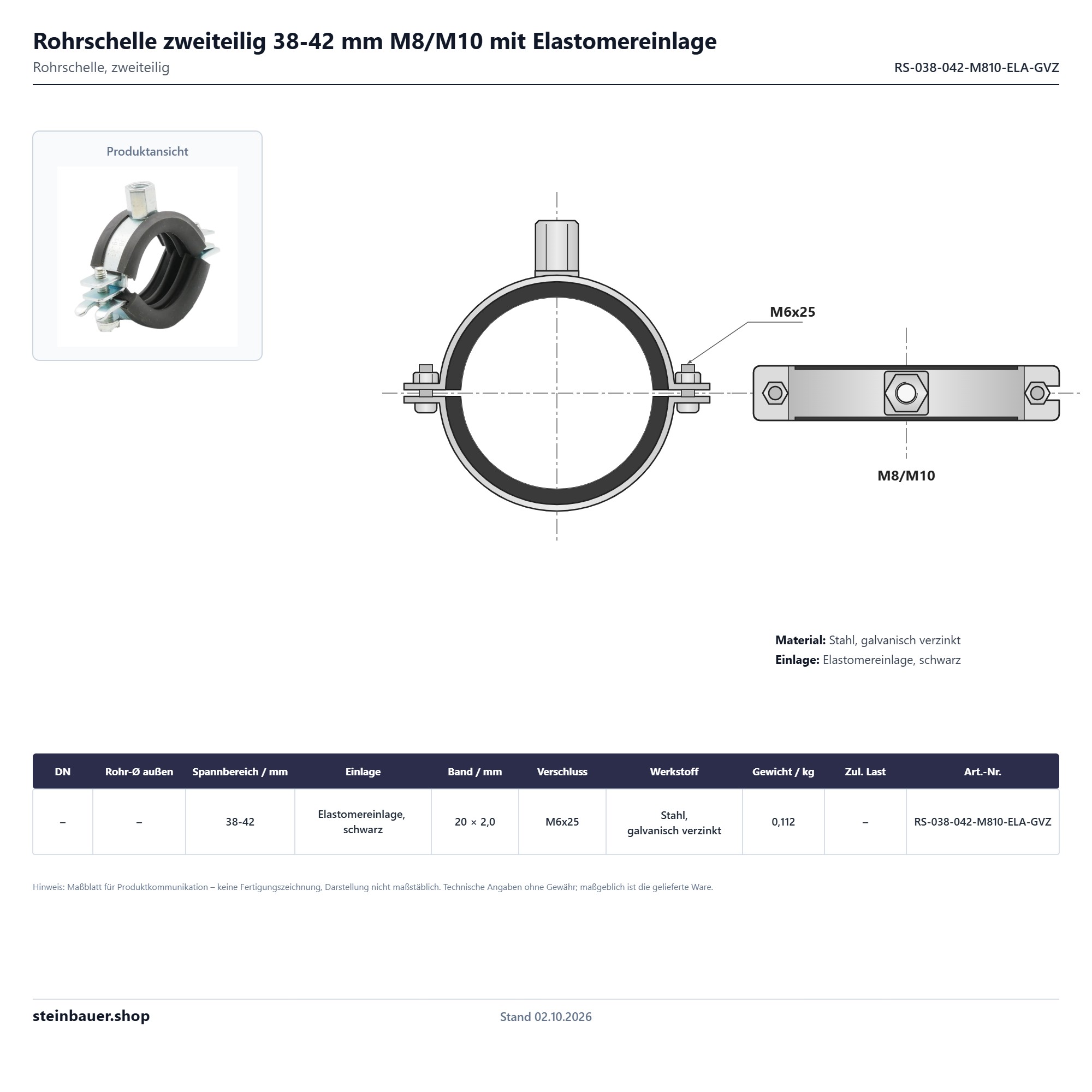 Rohrschelle zweiteilig 38–42 mm M8/M10 mit Elastomereinlage, Stahl verzinkt