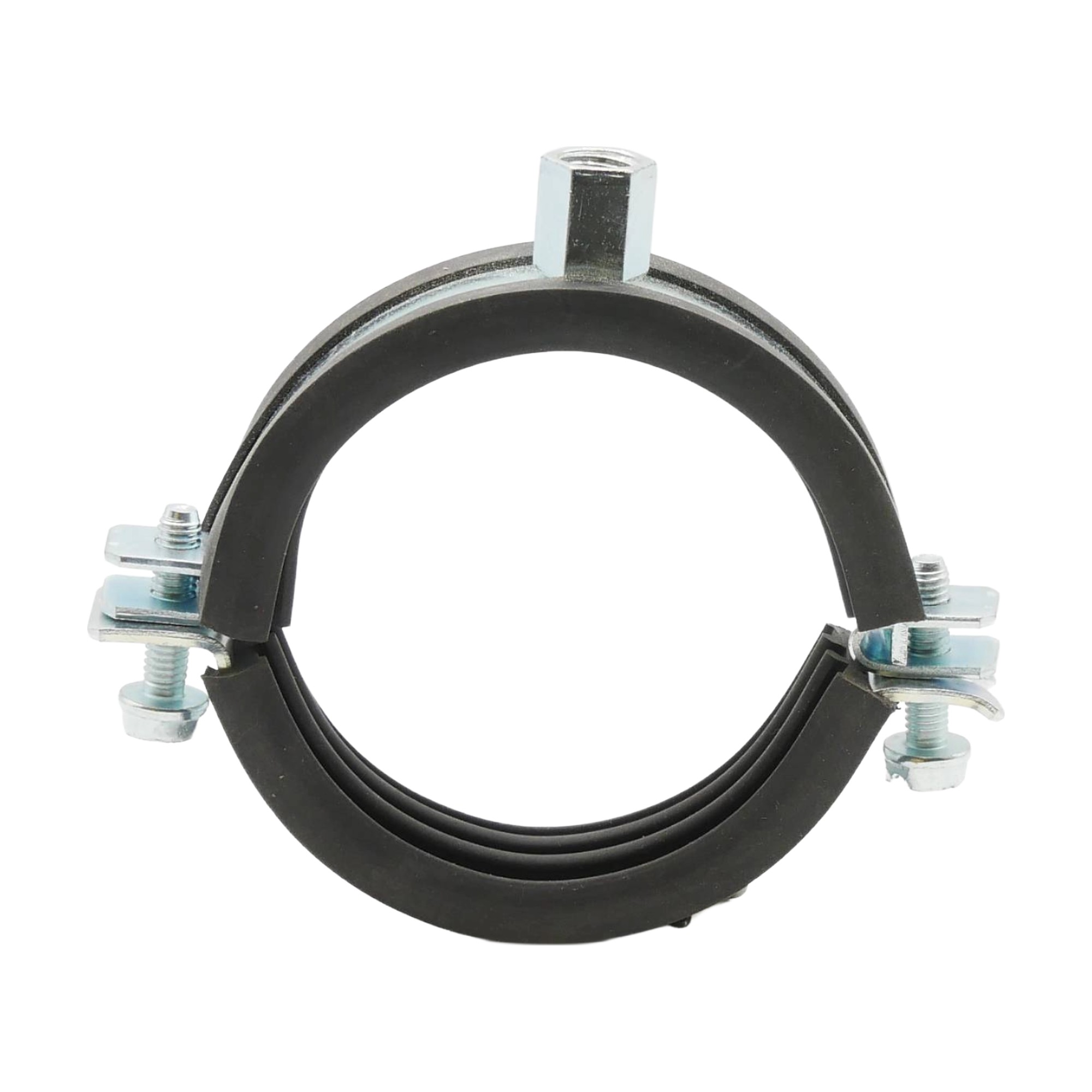 Rohrschelle zweiteilig 70–73 mm M8/M10 mit Elastomereinlage, Stahl verzinkt