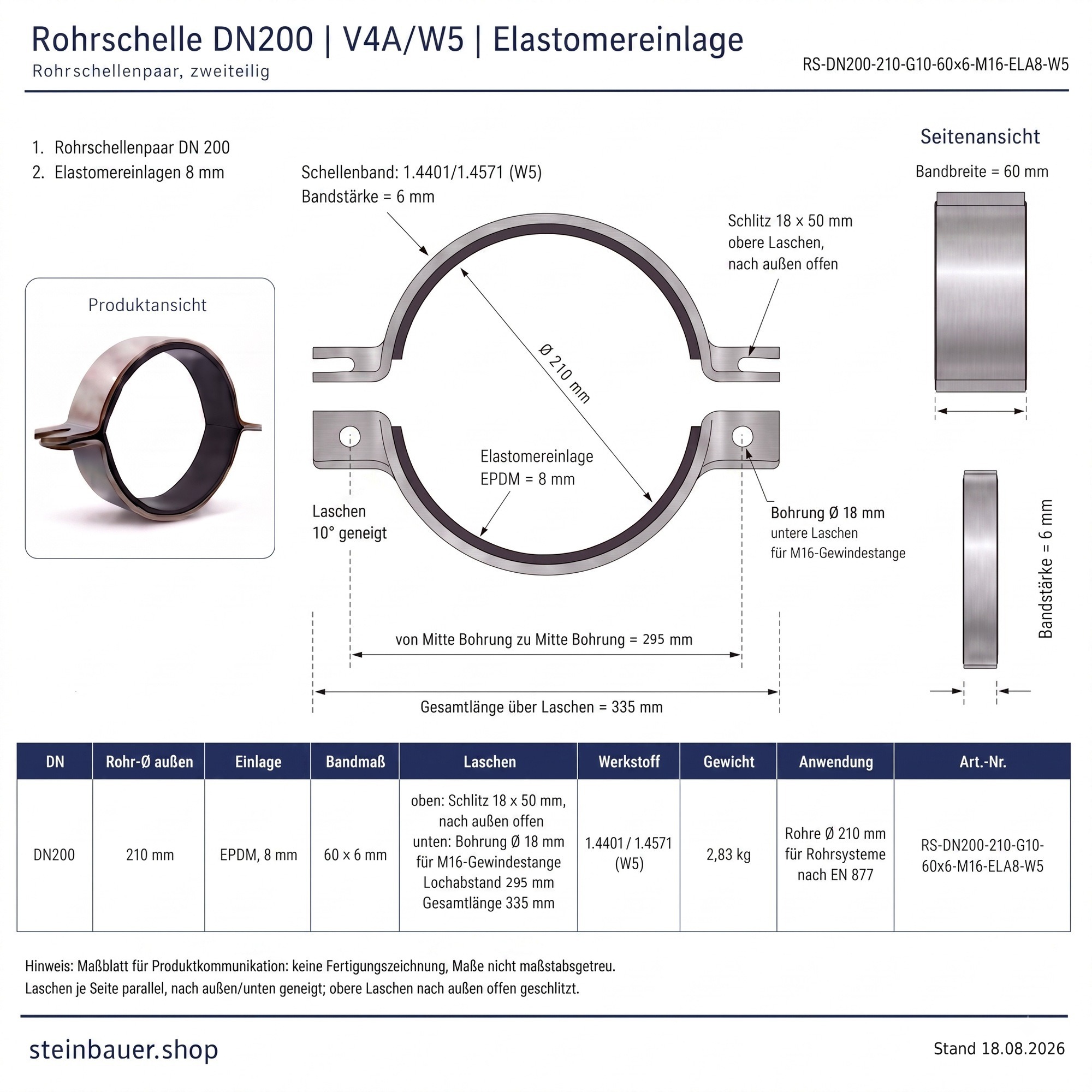 Rohrschelle DN200 V4A/W5 10° geneigt | Rohr Ø 210 mm | Paar + 2 Einlagen EPDM