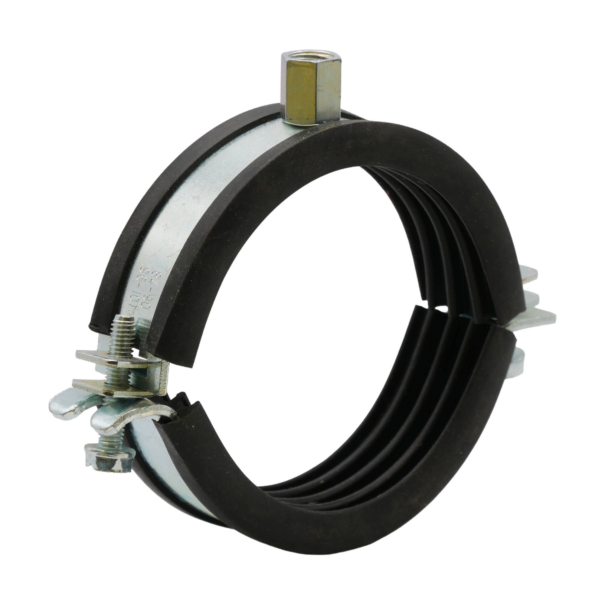 Rohrschelle zweiteilig 84–90 mm M8/M10 mit Elastomereinlage, Stahl verzinkt