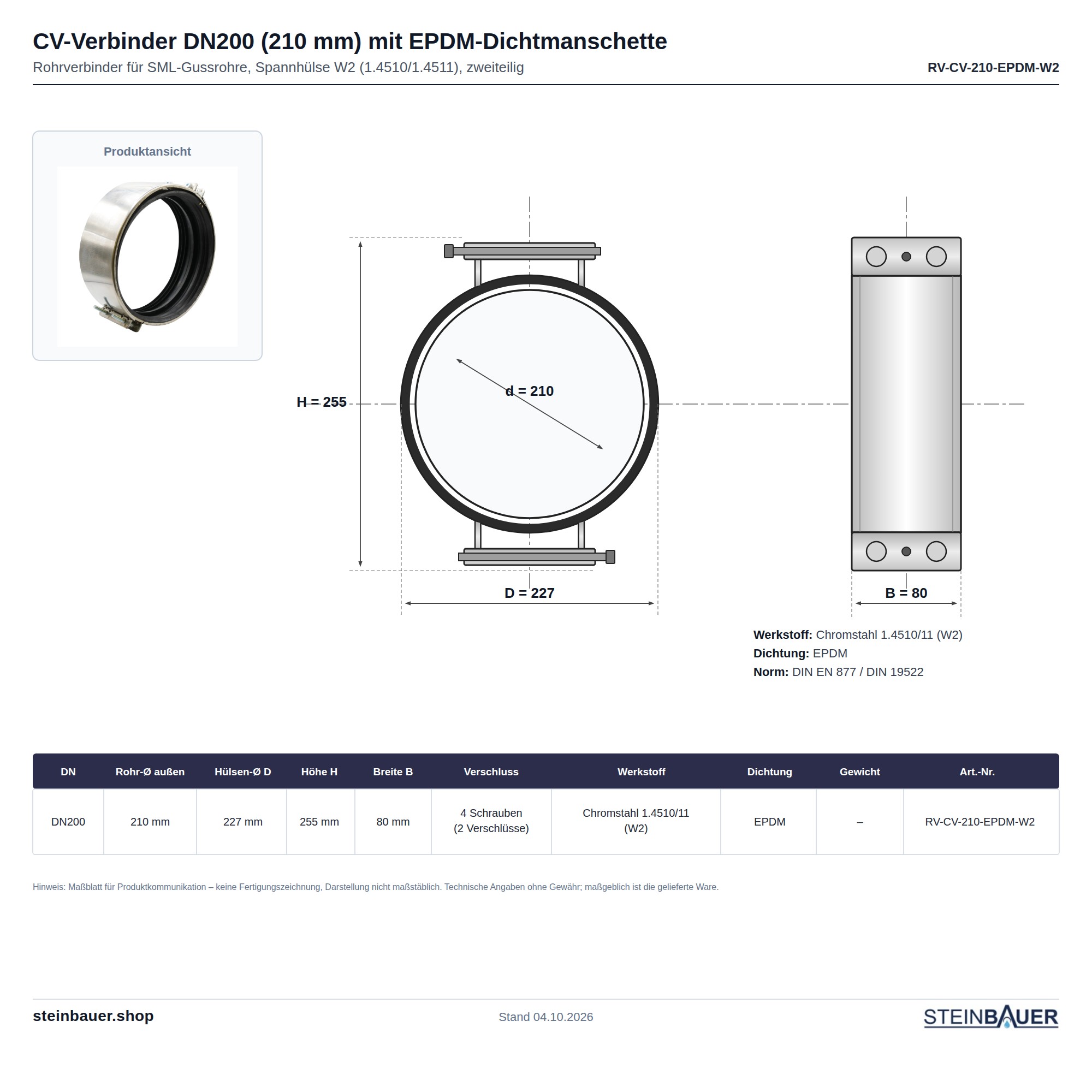 CV-Verbinder DN200 (210) | SML-Rohrverbinder | EPDM | W2