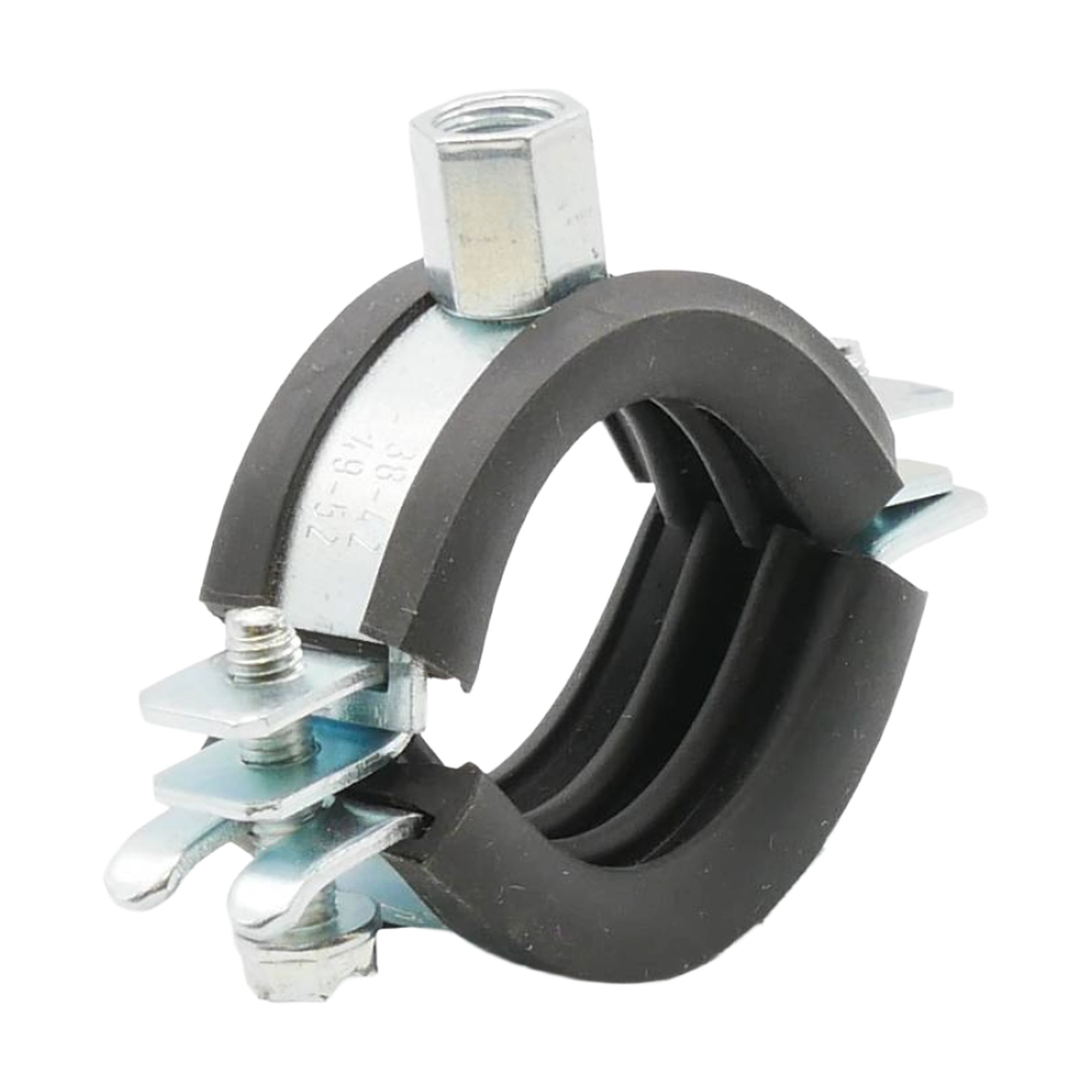 Rohrschelle zweiteilig 38–42 mm M8/M10 mit Elastomereinlage, Stahl verzinkt