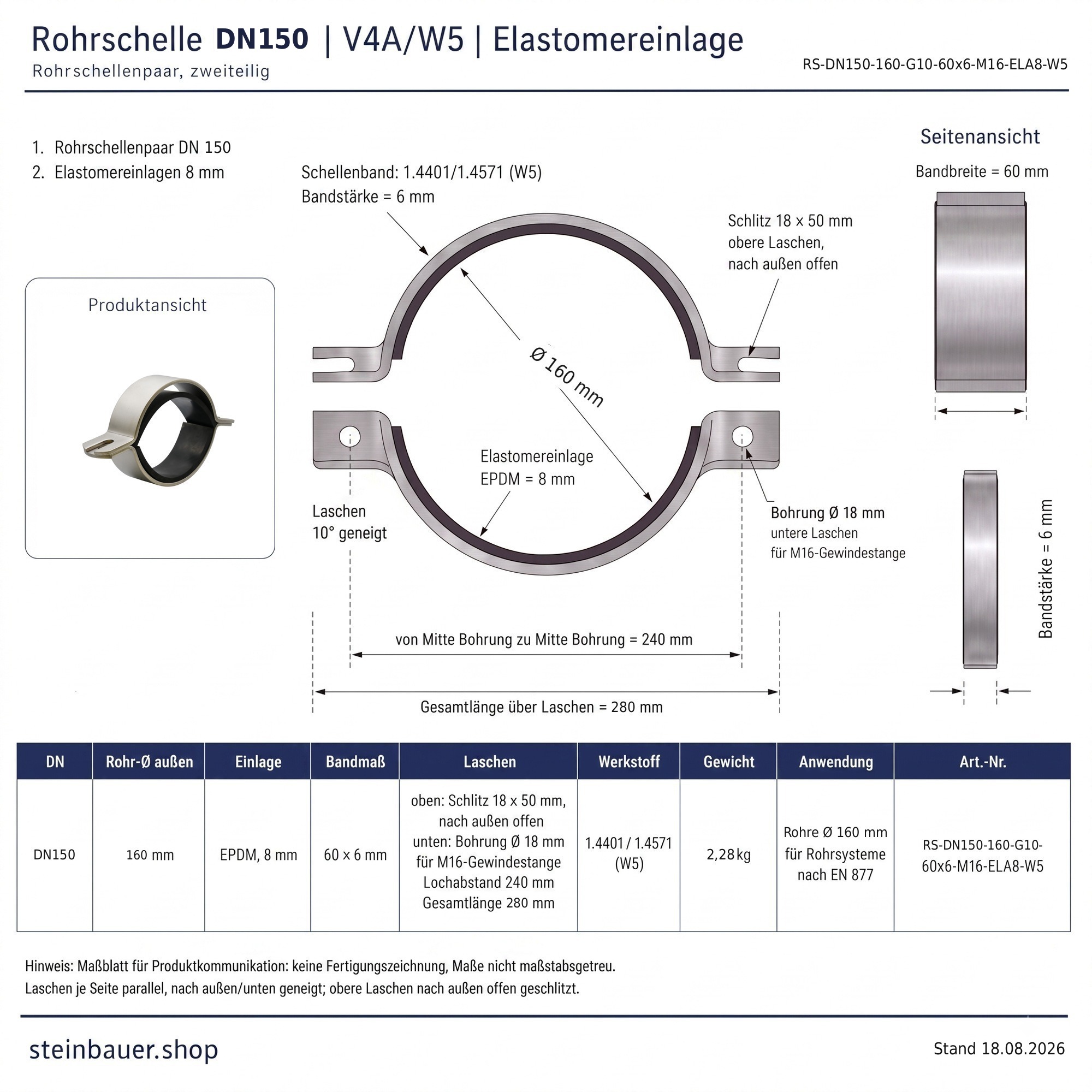 Rohrschelle DN150 V4A/W5 10° geneigt | Ø 160 mm | Paar + 2 EPDM-Einlagen