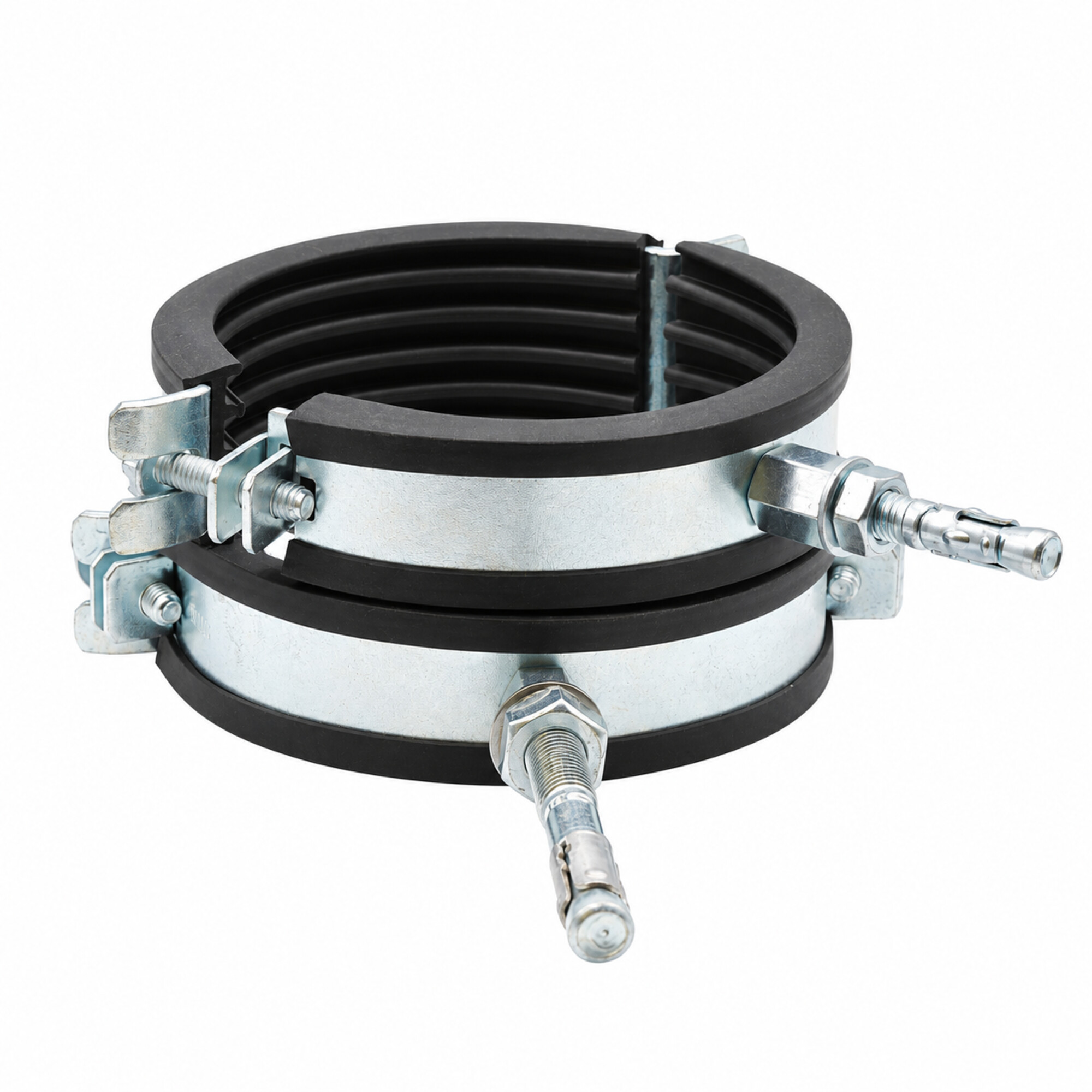 Rohrschelle zweiteilig 100–105 mm M8/M10 mit Elastomereinlage, Stahl verzinkt