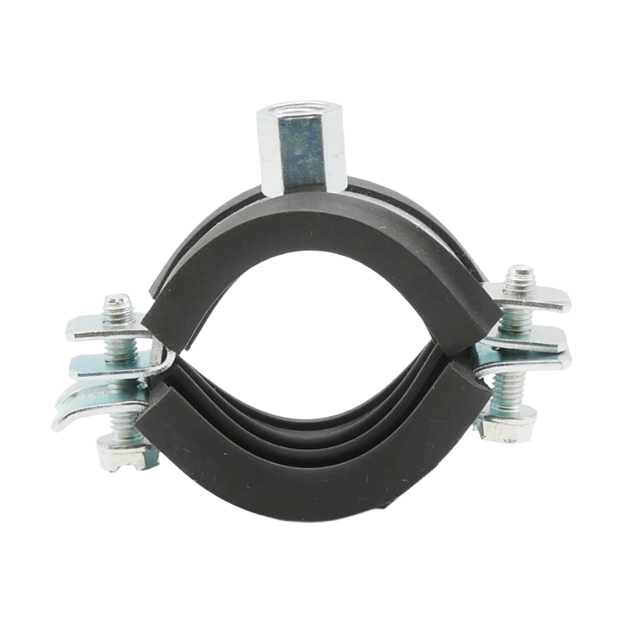 Rohrschelle zweiteilig 38–42 mm M8/M10 mit Elastomereinlage, Stahl verzinkt