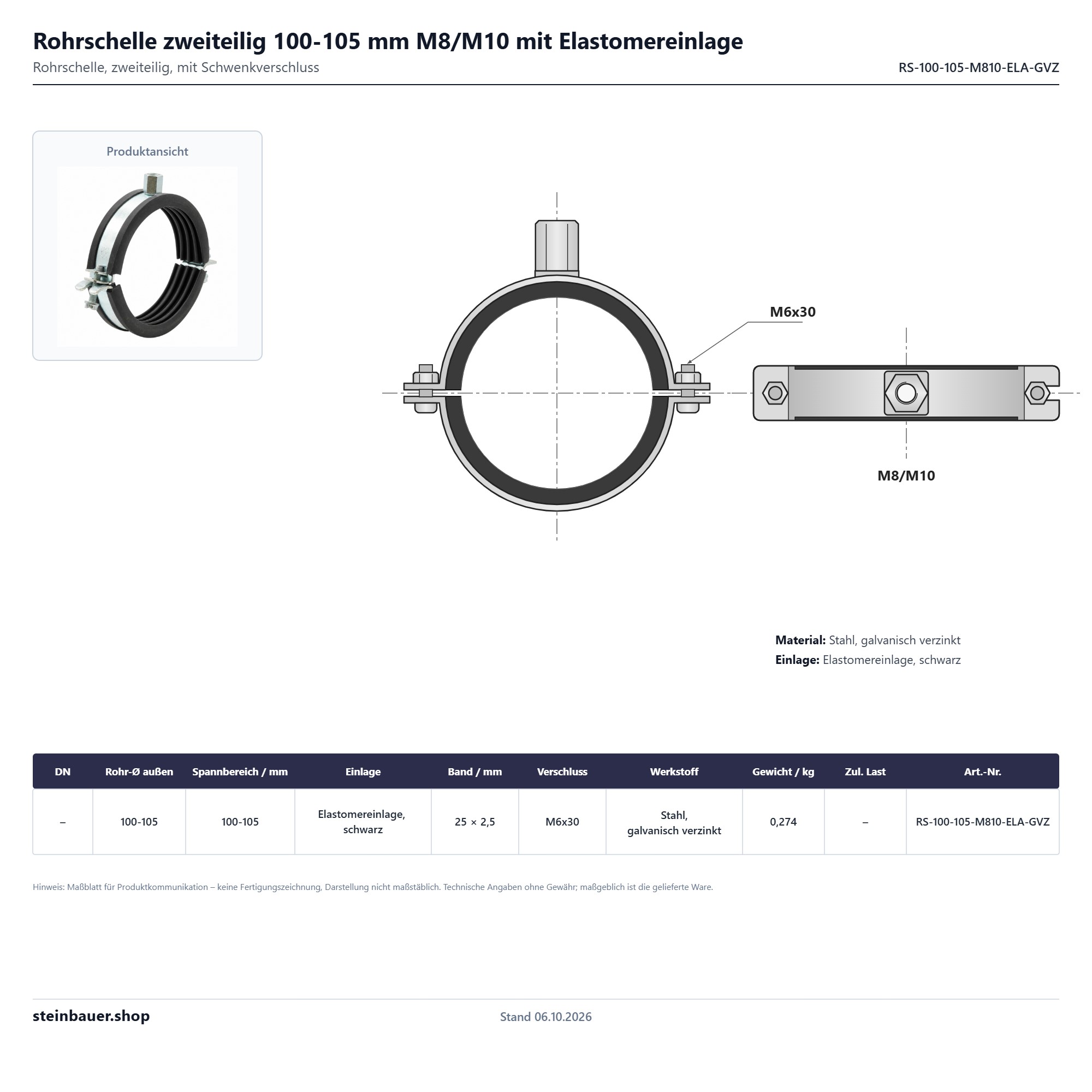 Rohrschelle zweiteilig 100–105 mm M8/M10 mit Elastomereinlage, Stahl verzinkt