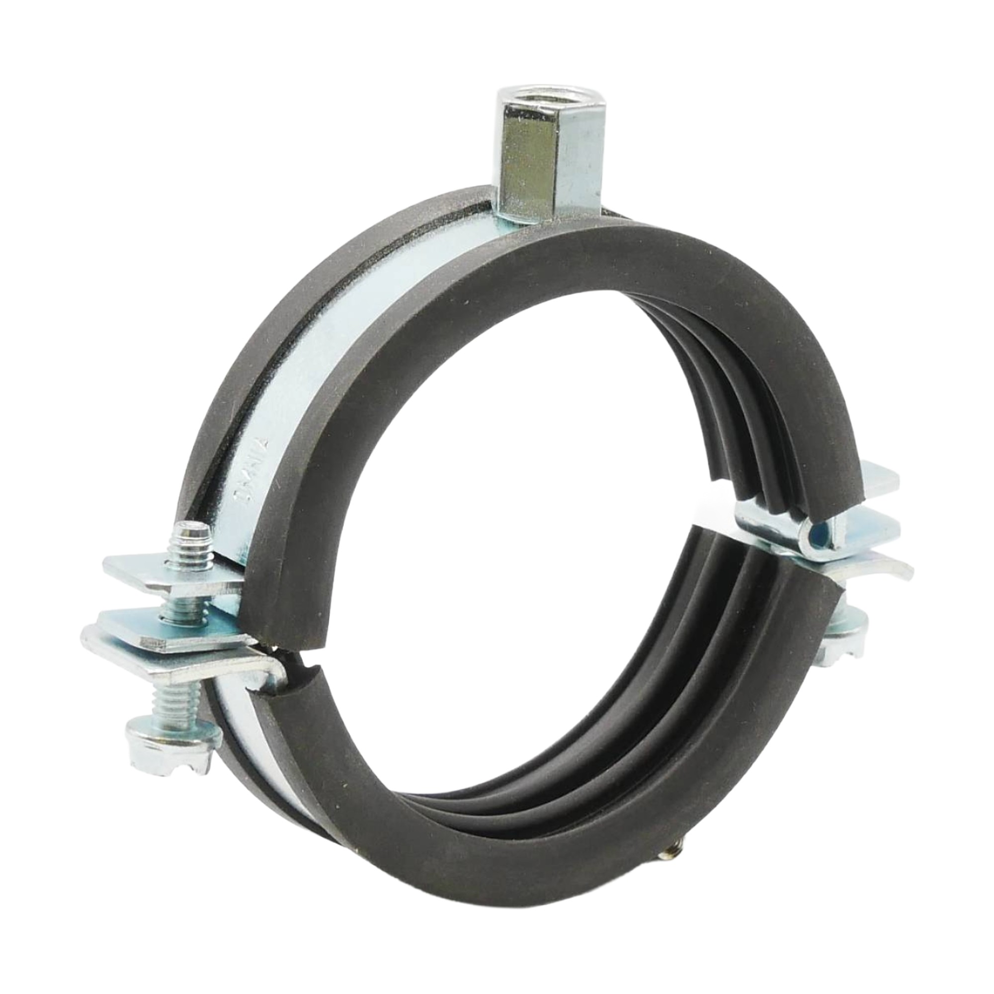 Rohrschelle zweiteilig 70–73 mm M8/M10 mit Elastomereinlage, Stahl verzinkt