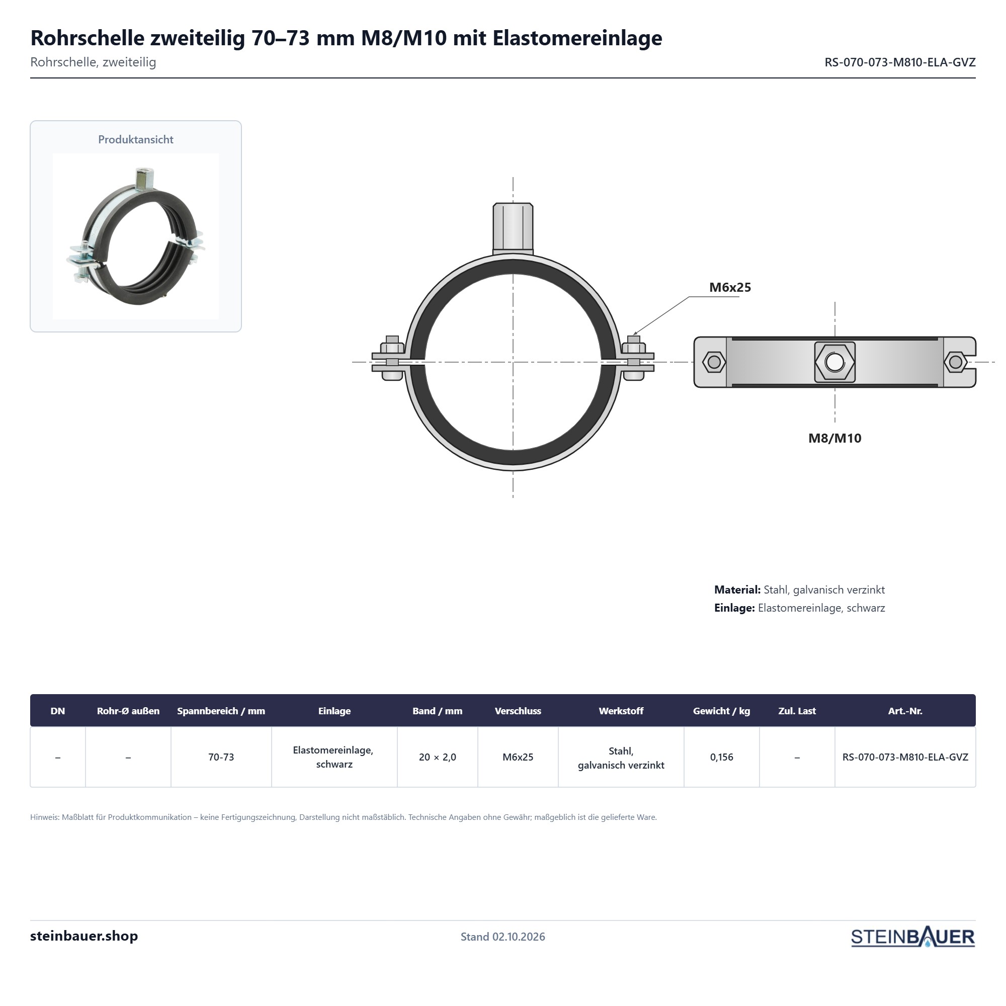 Rohrschelle zweiteilig 70–73 mm M8/M10 mit Elastomereinlage, Stahl verzinkt