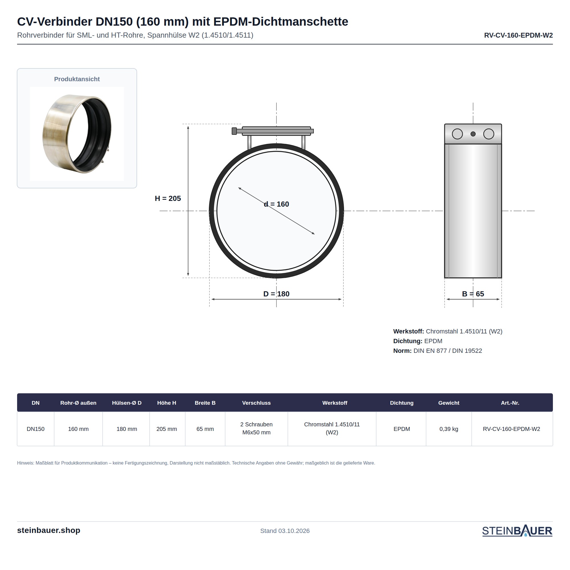 CV-Verbinder DN150 (160) | SML-/HT-Rohrverbinder | EPDM | W2