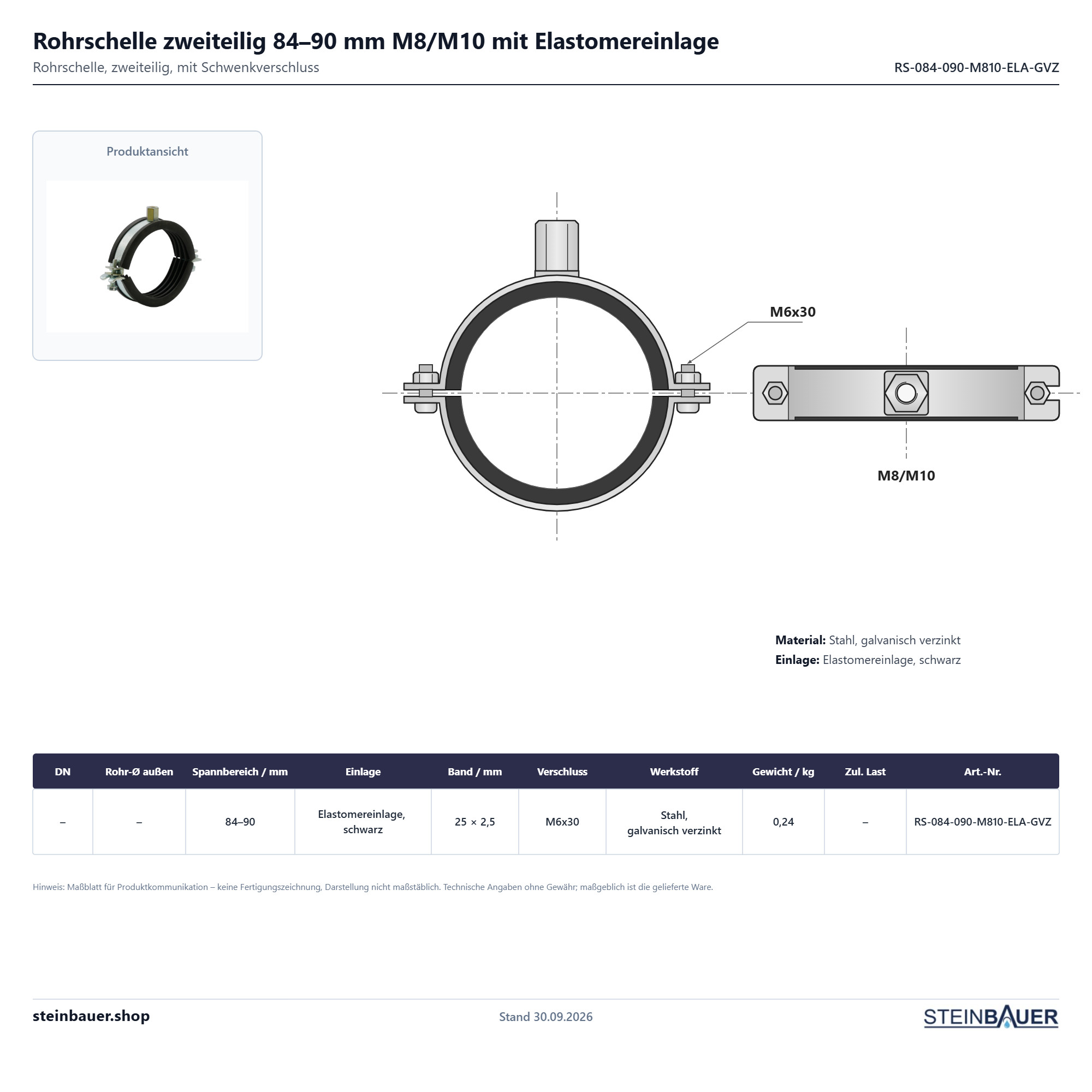 Rohrschelle zweiteilig 84–90 mm M8/M10 mit Elastomereinlage, Stahl verzinkt