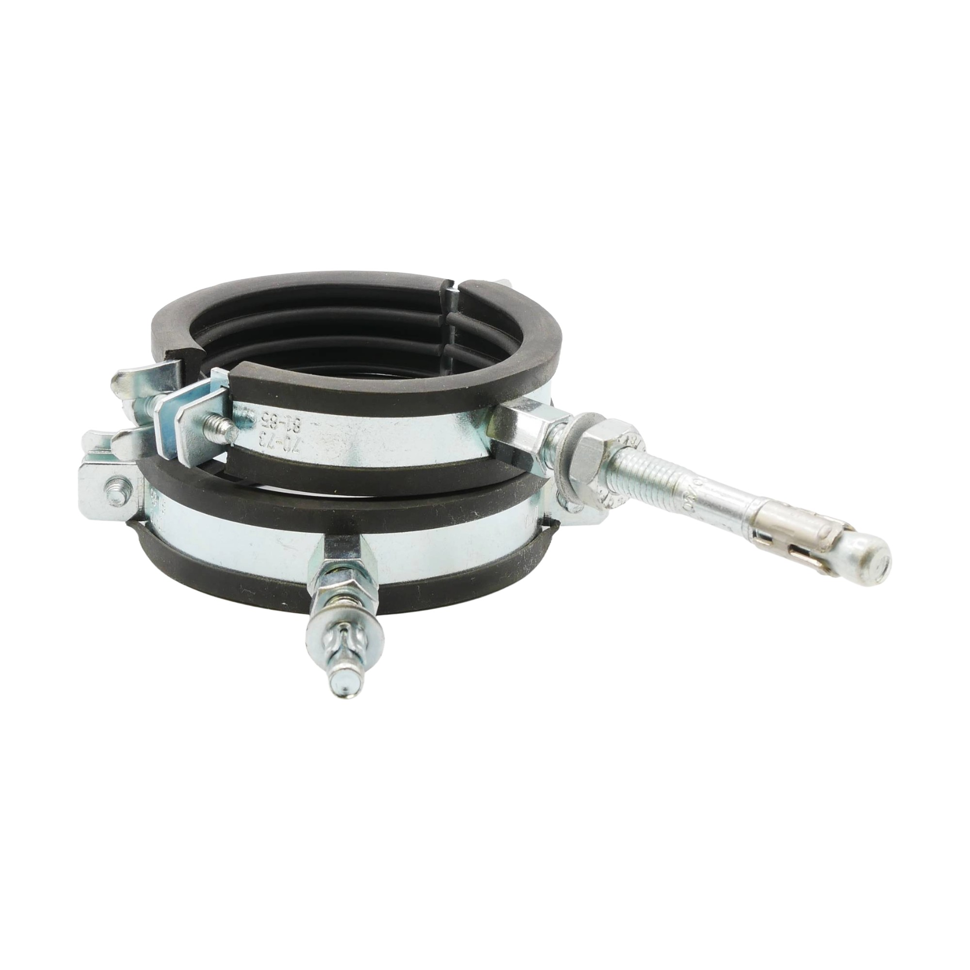 Rohrschelle zweiteilig 70–73 mm M8/M10 mit Elastomereinlage, Stahl verzinkt