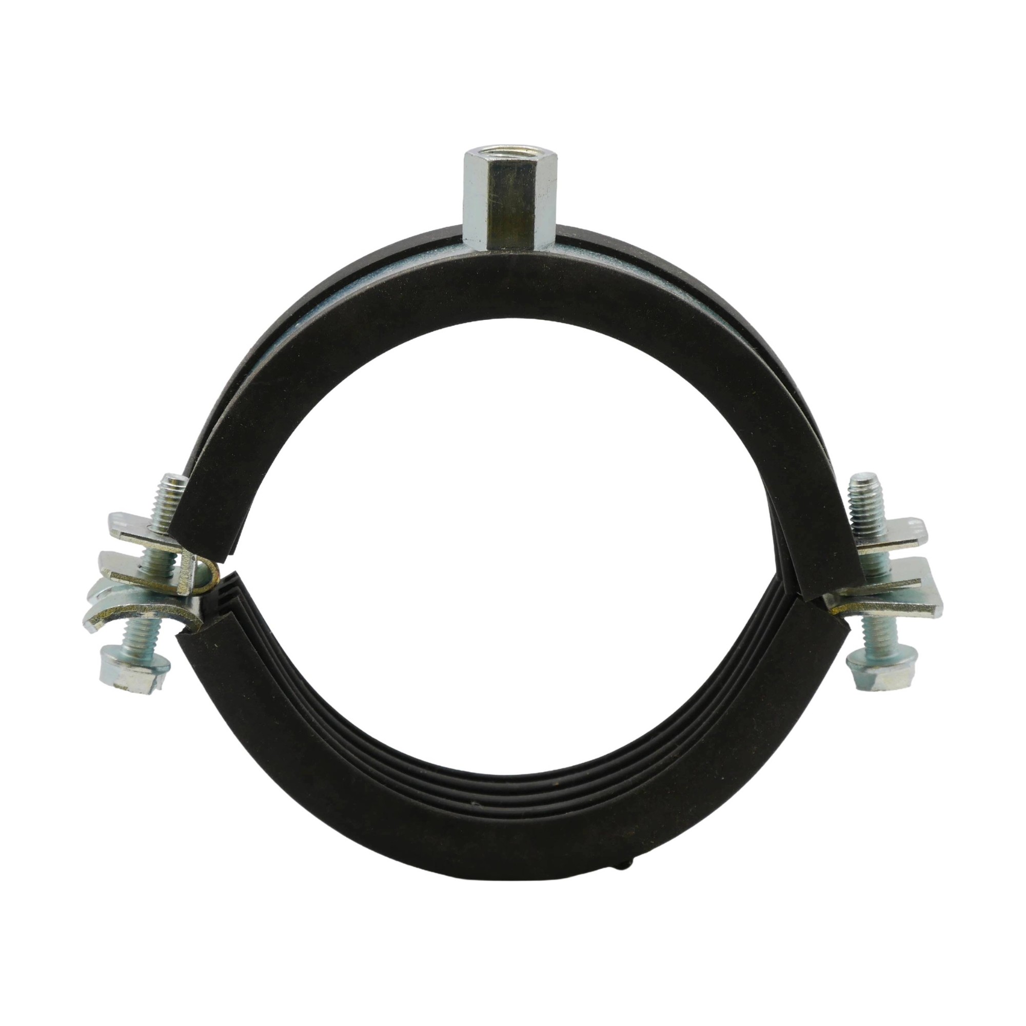 Rohrschelle zweiteilig 84–90 mm M8/M10 mit Elastomereinlage, Stahl verzinkt