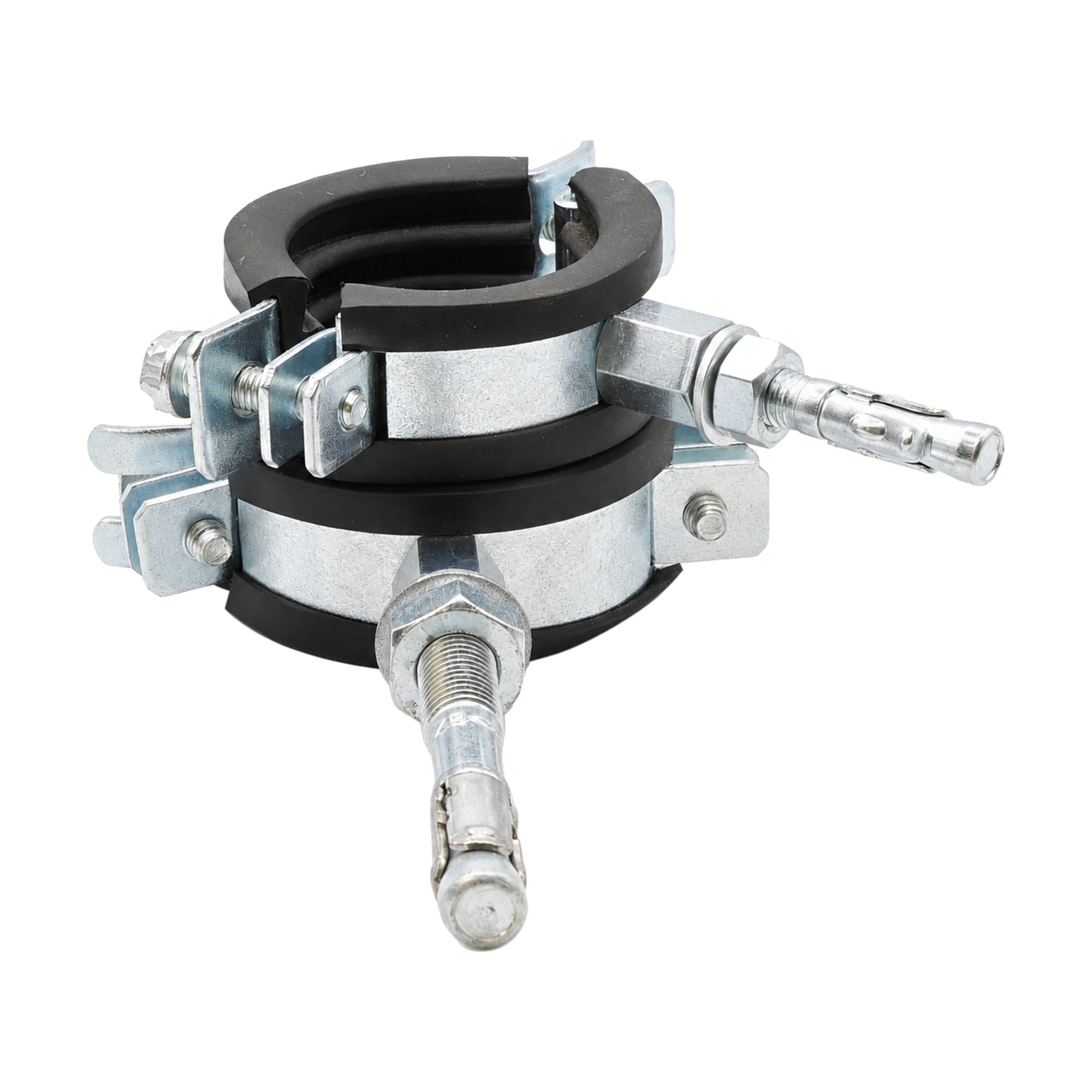 Rohrschelle zweiteilig 38–42 mm M8/M10 mit Elastomereinlage, Stahl verzinkt